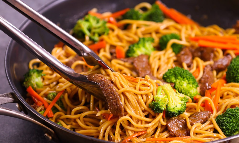 Garlic Beef Lo Mein at EAST Restaurant & Lounge of Wells, Maine