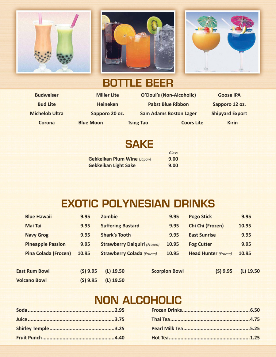 Bottle Beer, Sake, Exotic Polynesian Drinks, Non-Alcoholic