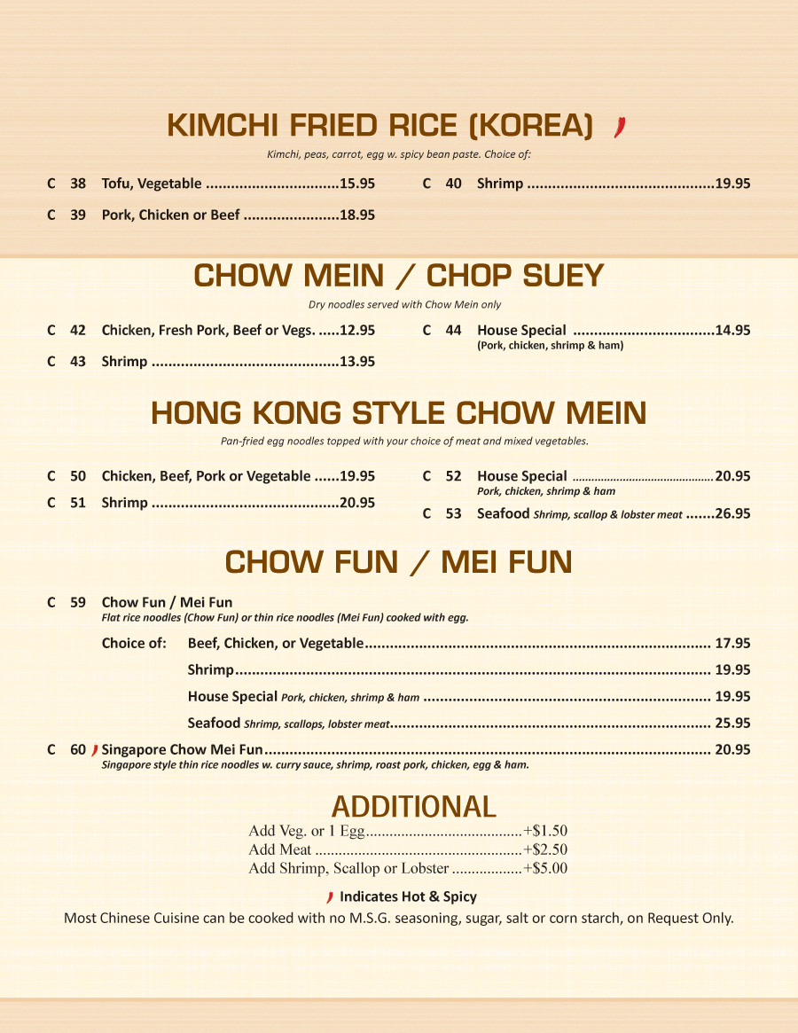 Kimchi Fried Rice (Korea), Choy Mein, Chop Suey, Hong Kong Style Chow Mein, Chow Fun, Mei Fun, Additional